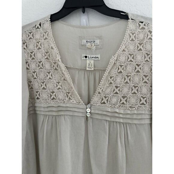 Malvin I love Linen Germany Womens Blouse L Tan‎ 100% Linen Crochet Boho Peasant - Picture 2 of 13